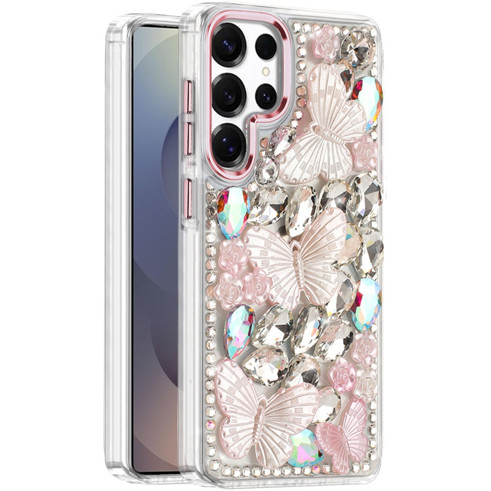 For Samsung Galaxy S24 Ultra 3D Diamond Floral Butterfly Bling Stone Hybrid, Sparkly Rhinestone Gemstone Back Shockproof Case Cover