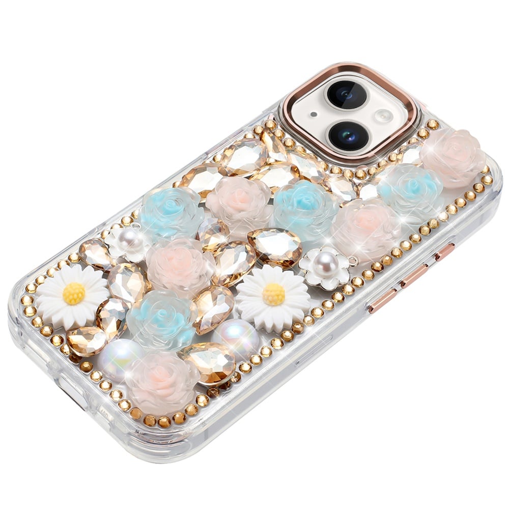 Phone Case for iPhone 15 Plus (6.7") Full Bling Rhinestone Glitter Floral Luxury Hybrid Shockproof Stylish Sparkling Protective Designer Ornament Cover
