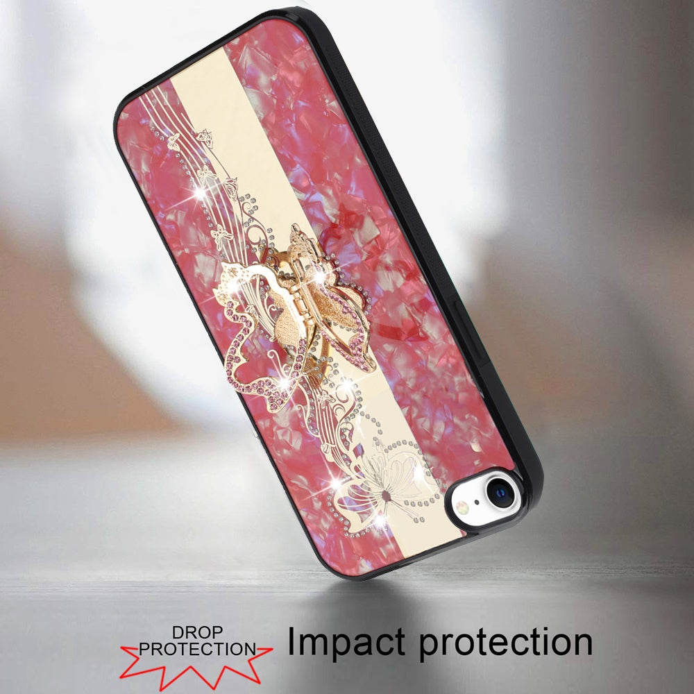 For Apple iPhone SE 4 Diamonds 3D Butterfly Bling Sparkly Glitter Ornaments Engraving Hybrid with Stand Fashion Case Cover Enchanted Butterfly Red