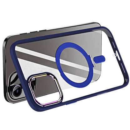 For Apple iPhone 16 Plus Magnetic Ring Stand Hybrid MagSafe Compatible Shockproof Protection Transparent Back Alloy Chrome Grip Case Cover Navy Blue