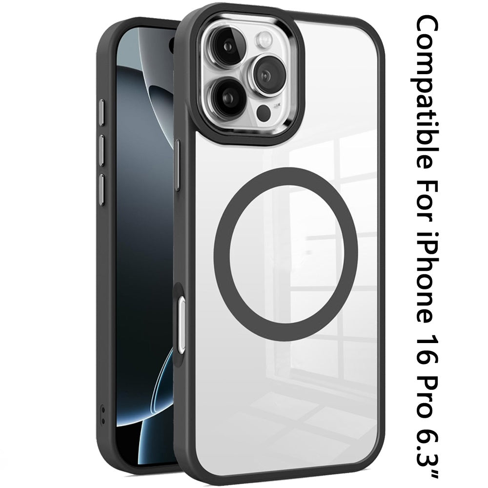 For Apple iPhone 16 Pro (6.3") MagSafe Compatible Transparent Greatest Clear Acrylic with Color Frame Thick Hybrid TPU Hard Case Cover