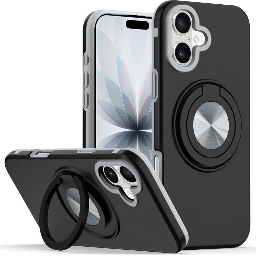 Phone Case for Apple iPhone 18 Shockproof Magnetic Ring Stand Rotating CarMount Hybrid Metal Matte Finish AntiSlip Grip Kickstand Cover Black