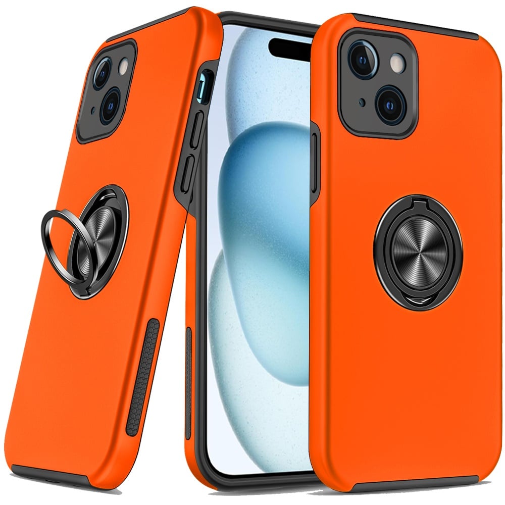 For iPhone 15 Plus (6.7") Hybrid 360 Degree Rotatable Metal Invisible Ring Stand Holder Slim Fit Magnetic Car Mount Shockproof Case Cover Cosmic Orange