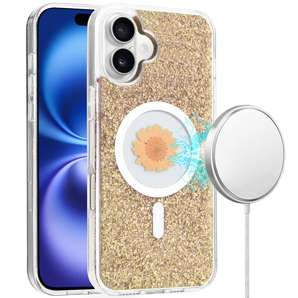 For Apple iPhone 16e MagSafe Compatible Glitter Flower Epoxy Hybrid Slim TPU Case, Magnetic Circle Design, Sparkly Bling Protective Case Cover