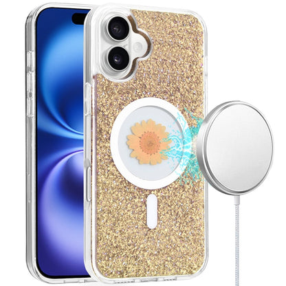 For Apple iPhone 16e MagSafe Compatible Glitter Flower Epoxy Hybrid Slim TPU Case, Magnetic Circle Design, Sparkly Bling Protective Case Cover
