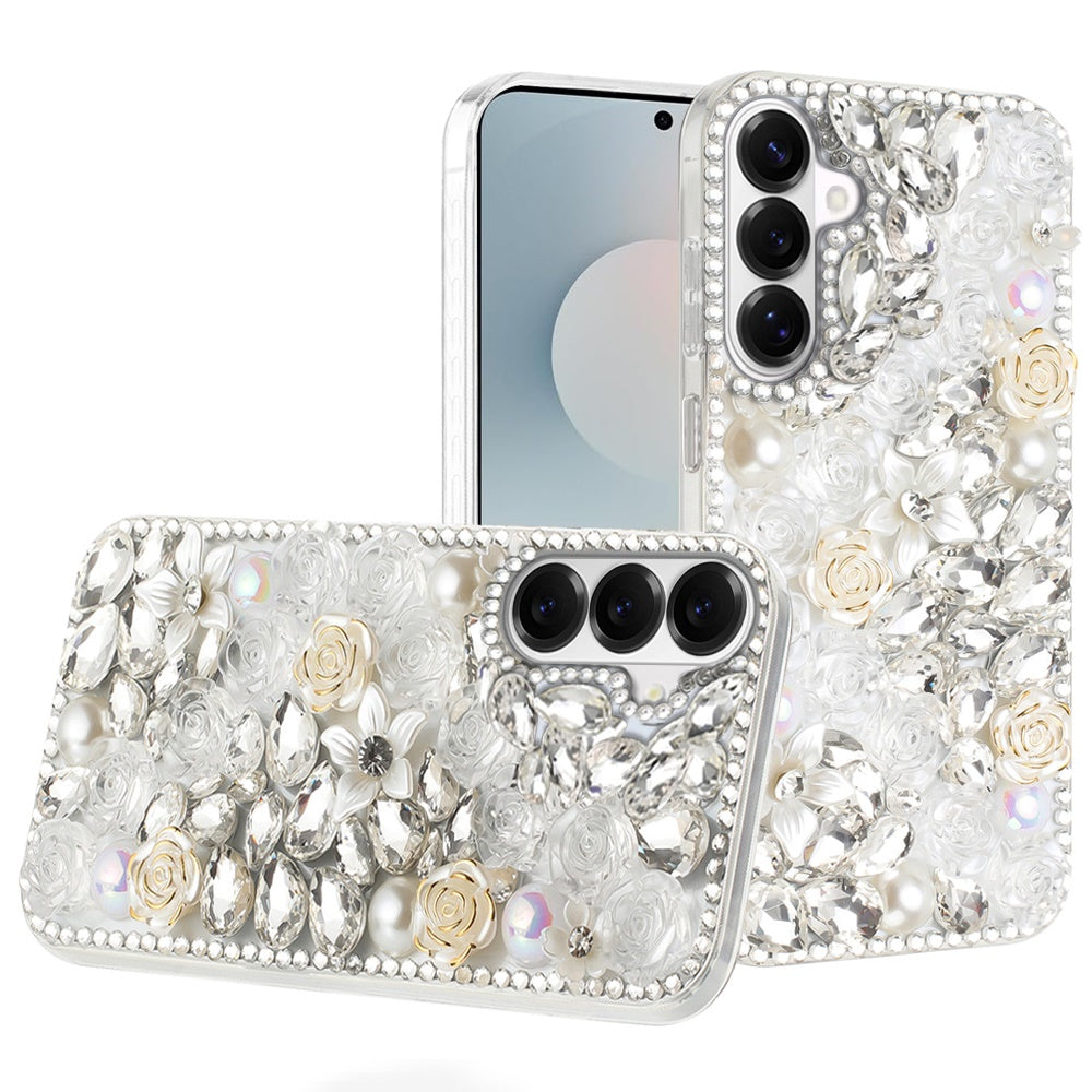 For Samsung Galaxy S26 Fashion Rose Flower Floral, 3D Bling Crystal Full Diamonds Pearl Sparkle Rhinestone Glitter Hybrid Case Cover