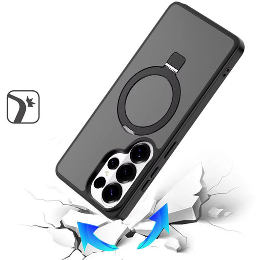 Phone Case for Galaxy S24 Ultra Magnetic Ring Stand Full Rotation Matte Shockproof Grip Anti Slip Durable Camera Protection Hybrid Cover Black