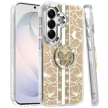Phone Case for Samsung Galaxy S26 FE /S26 Fan Edition Floral Butterfly Ring Stand Glitter Bling Shockproof Hybrid Luxury Fashion Protective Anti Slip Durable Grip Cover