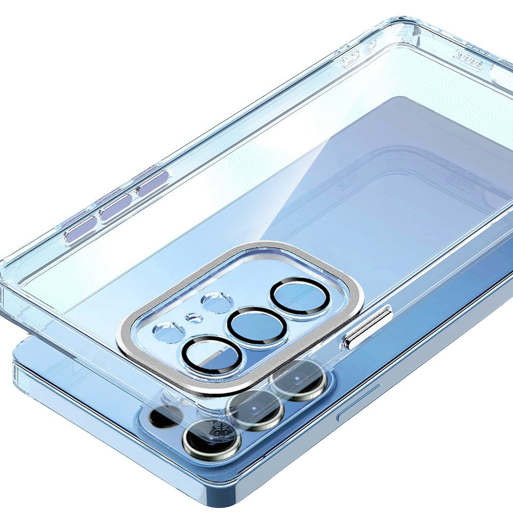 For Samsung Galaxy S23 Ultra Transparent Clear Hybrid with Matching Metal Buttons and Camera Protection Hard PC + TPU Rubber Case Cover