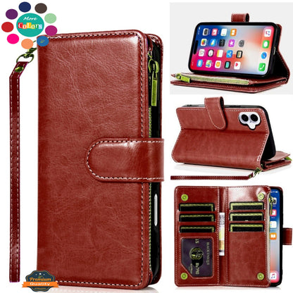 For Apple iPhone 17 Pro Max (6.9") Leather Wallet Case with Zipper, 9 Card Slots, Cash Pocket, Stand & Strap, Clutch Pouch Design Case Cover