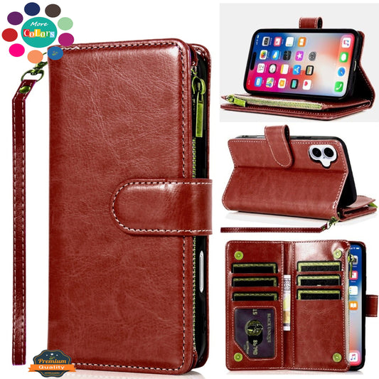 For Apple iPhone 17 (6.3") Leather Wallet Case with Zipper, 9 Card Slots, Cash Pocket, Stand & Strap, Clutch Pouch Design Case Cover