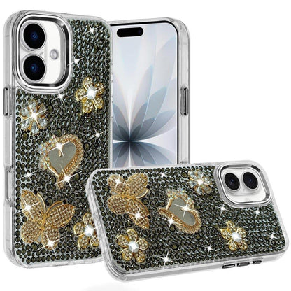 Phone Case for Apple iPhone 17/ iPhone 18 Luxury Crystal Butterfly Floral Jeweled Heart Full Diamond Design, Sparkling Decorative Details, Elegant Style Cover Black