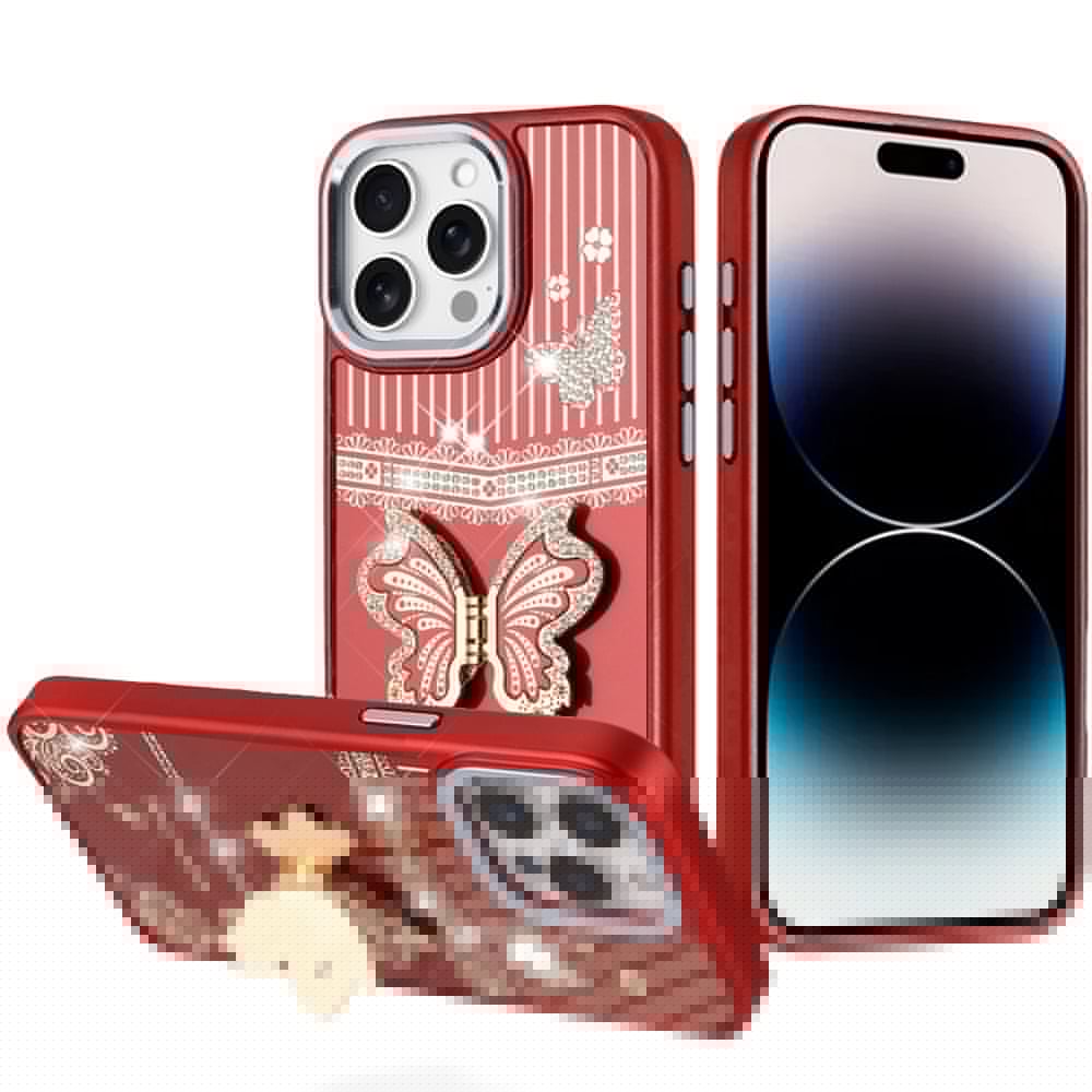 For iPhone 14 Pro Max (6.7") Glitter 3D Butterfly Design Bling Metallic Edge Hybrid Stand Drop Protection TPU Shockproof Case Cover Red