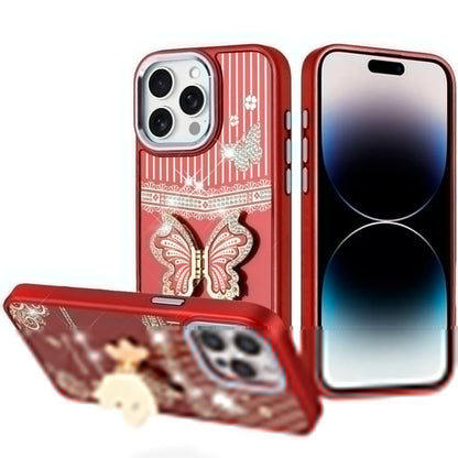 For iPhone 14 Pro Max (6.7") Glitter 3D Butterfly Design Bling Metallic Edge Hybrid Stand Drop Protection TPU Shockproof Case Cover Red