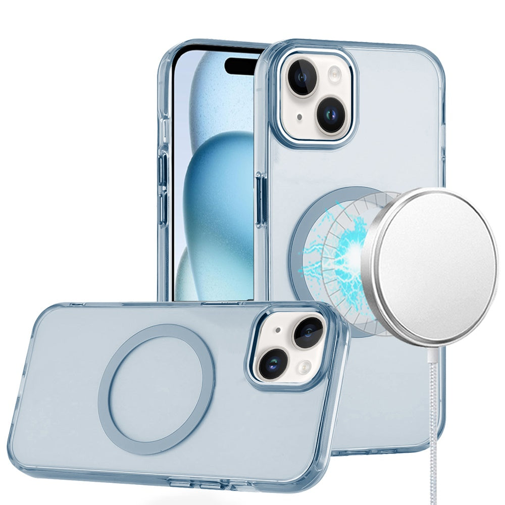 For Apple iPhone 14 /13 Transparent Back Hybrid Case - Magnetic Circle, Color Frame, Metal Buttons, MagSafe Compatible Case Cover