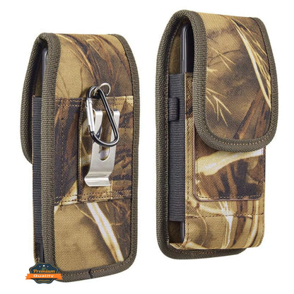 For Apple iPhone 16 Plus (6.7") Vertical Camouflage Nylon Canvas Holster Universal Cell Phone Pouch Velcro Closure with Credit Card Slot & Belt Clip Loop Carabiner [Hunting Camo]