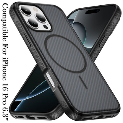 Phone Case for Apple iPhone 16 Pro Max Shockproof Magnetic Carbon Fiber Texture Metallic Button Rugged Grip Anti Fingerprint Heavy Duty Hybrid Armor Cover Black