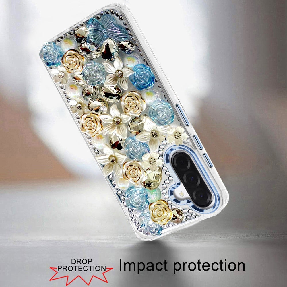 Phone Case for Samsung Galaxy A27 Luxury Rose Bling Rhinestone Glitter Floral Hybrid Shockproof Stylish Protective Designer Ornament Sparkle Cover