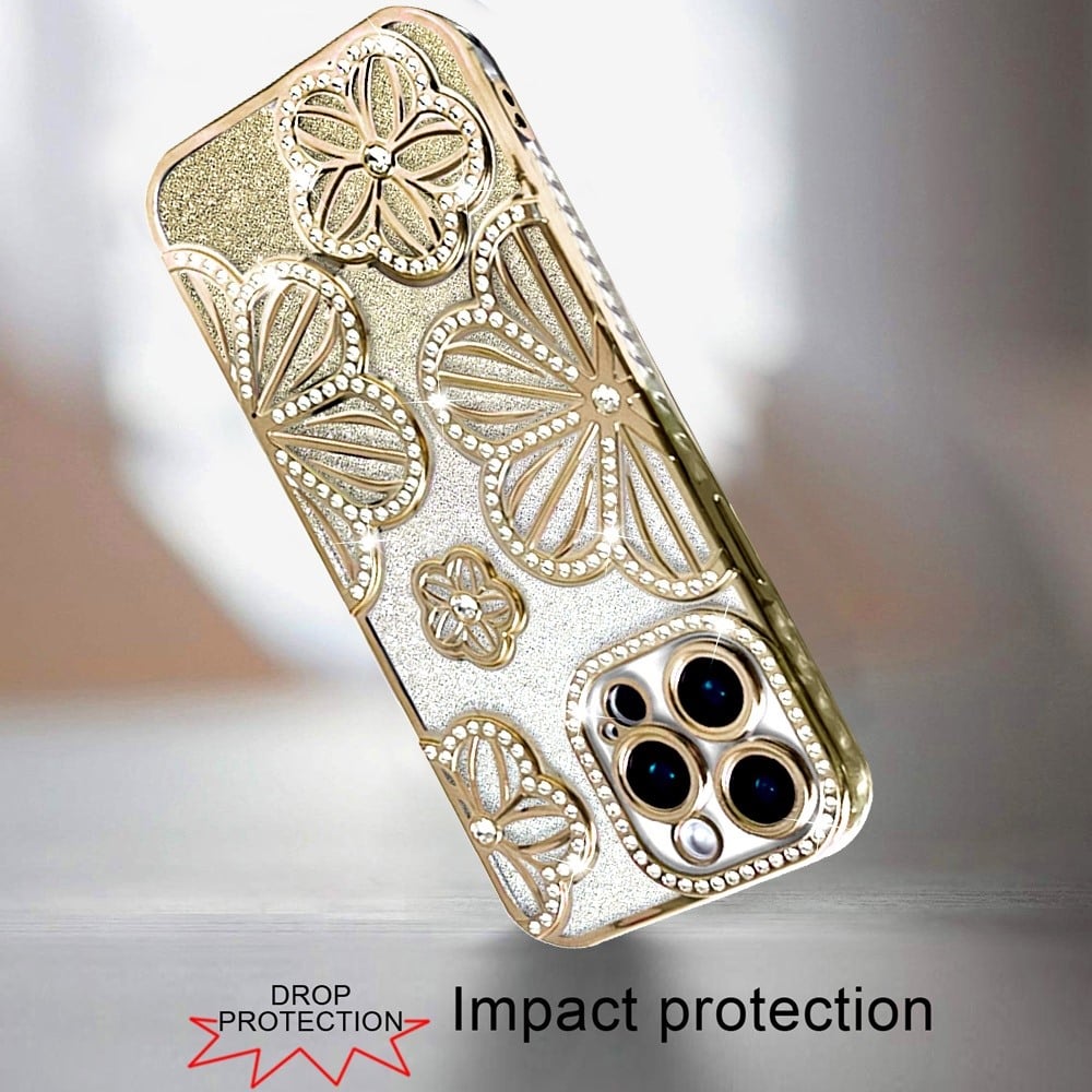 For Apple iPhone 12 Pro Max Luxury Flower Design Sparkle Glitter Diamond Rhinestone Shimmer Bling Plating Thick TPU Hard PC Case Cover