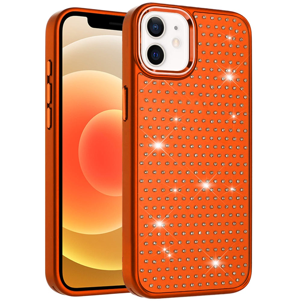 Phone Case for Apple iPhone 12 /12 Pro Luxury Diamond Bling Sparkle Chrome Metallic Edge Shockproof Durable Protective Stylish Premium Hybrid Design Cover Cosmic Orange