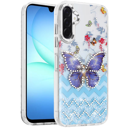 For Samsung Galaxy A17 5G Butterfly Resin Epoxy Diamond Design Metal Edged Hybrid Shockproof Heavy Duty Drop Protection Case Cover