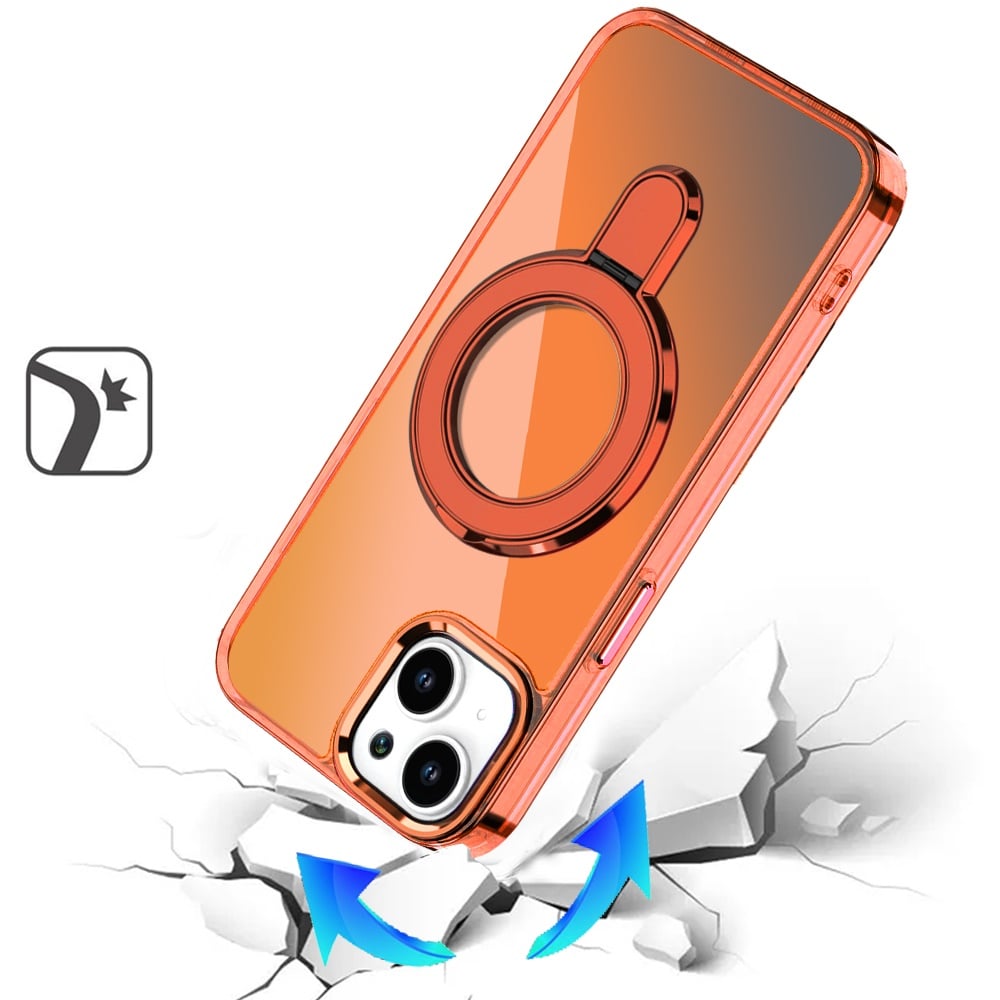 For iPhone 15 Plus (6.7") Chrome Hybrid with Rotating Magnetic Circle Ring Stand, Slim Shockproof Hybrid Case Cover Cosmic Orange