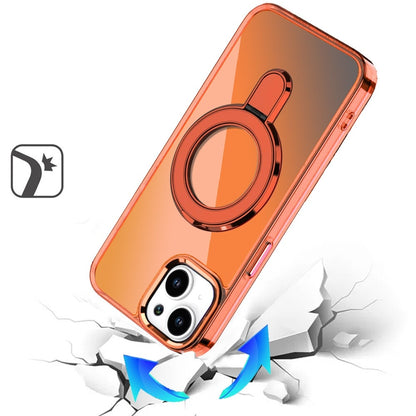 For iPhone 15 Plus (6.7") Chrome Hybrid with Rotating Magnetic Circle Ring Stand, Slim Shockproof Hybrid Case Cover Cosmic Orange