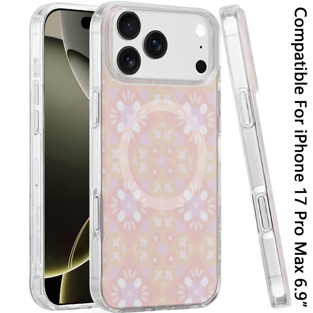 For Apple iPhone 17 Pro Max Stylish Pattern Fashion IMD Printed Design TPU Double Layer Slim Shockproof with Magnetic Back Case Cover Flowers Pink Gradient