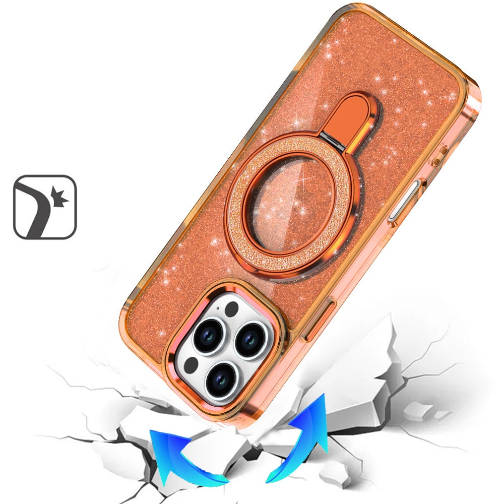For iPhone 16 Pro Max (6.9") Transparent Glitter Bling Case with Rotating Magnetic Ring Stand, Shockproof Hybrid Protector Cosmic Orange