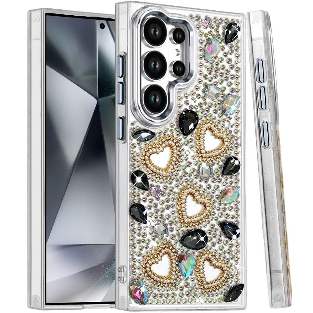 Phone Case for Samsung Galaxy S24 Ultra Luxury Crystal Heart Rhinestone Diamond Bling Shockproof Hybrid Glitter Protective Stylish Durable Grip Cover