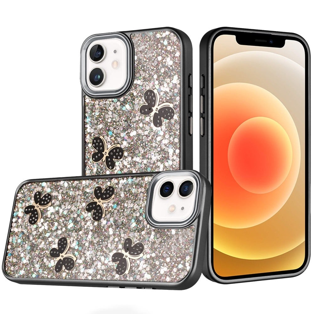 For iPhone 12 / iPhone 12 Pro (6.1") Cute Butterfly Crystal Diamond Glitter Case Sparkle Bling Frame Metallic Edges, Shimmer TPU Hybrid Case Cover