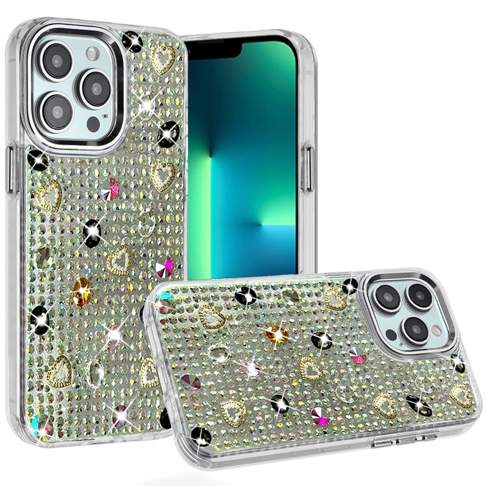 Phone Case for Apple iPhone 13 Pro Max Chrome Fashion Hybrid Bling Diamond Heart Rhinestone Decorative Stones Sparkling Embellished Design Cover