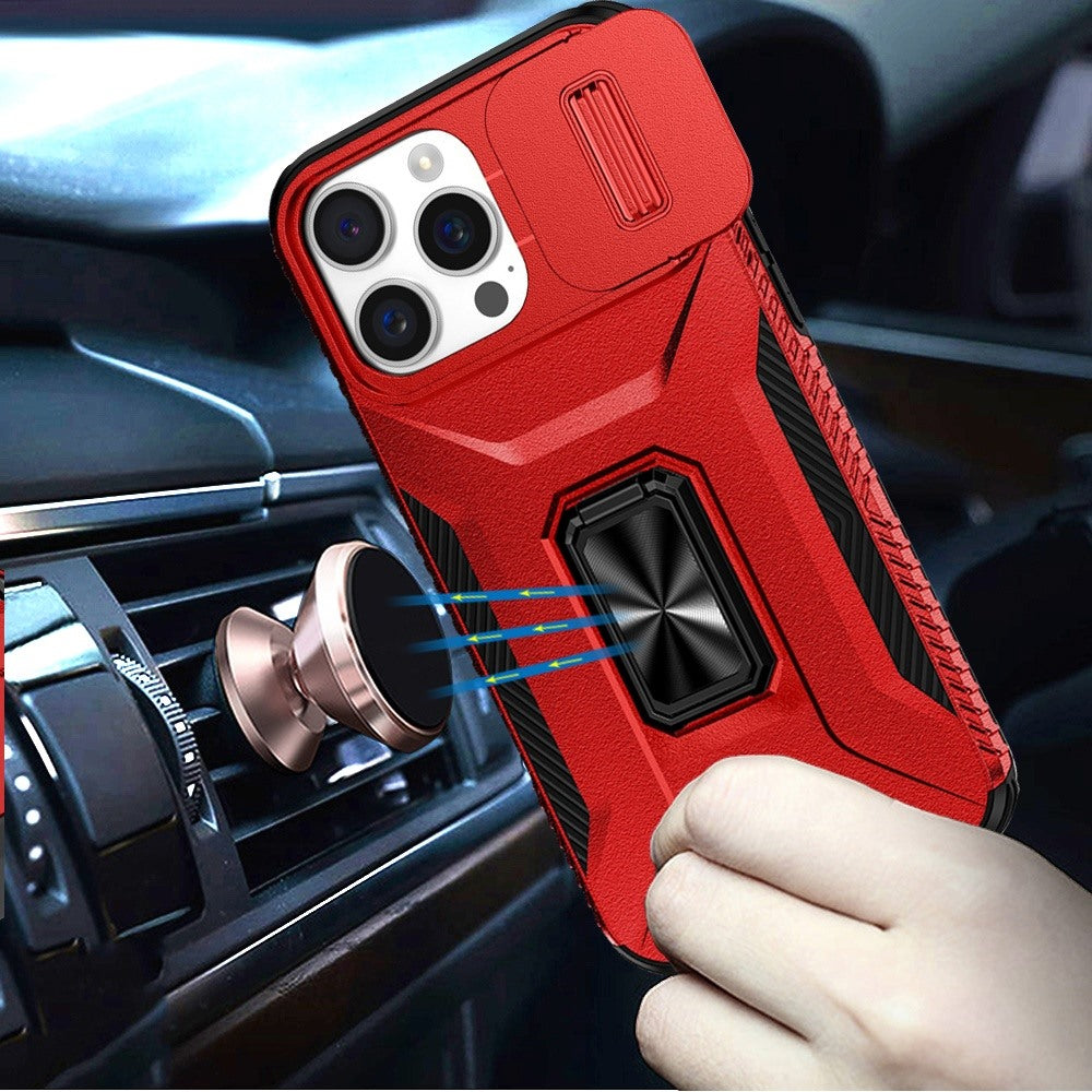 For Apple iPhone 13 Pro Max Case, Camera Cover with Magnetic Rotation Ring Stand, Military Grade Hybrid Hard TPU Shockproof Case Cover Red