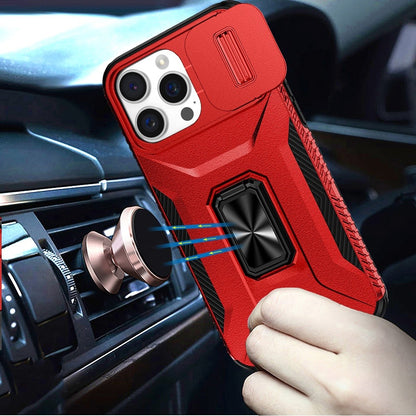 For Apple iPhone 13 Pro Max Case, Camera Cover with Magnetic Rotation Ring Stand, Military Grade Hybrid Hard TPU Shockproof Case Cover Red