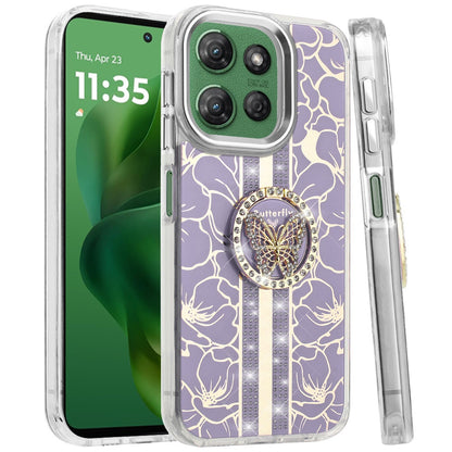 Phone Case for Motorola Moto G Power 5G 2026 /2025 Floral Butterfly Ring Stand Glitter Bling Shockproof Hybrid Luxury Fashion Protective Anti Slip Durable Grip Cover