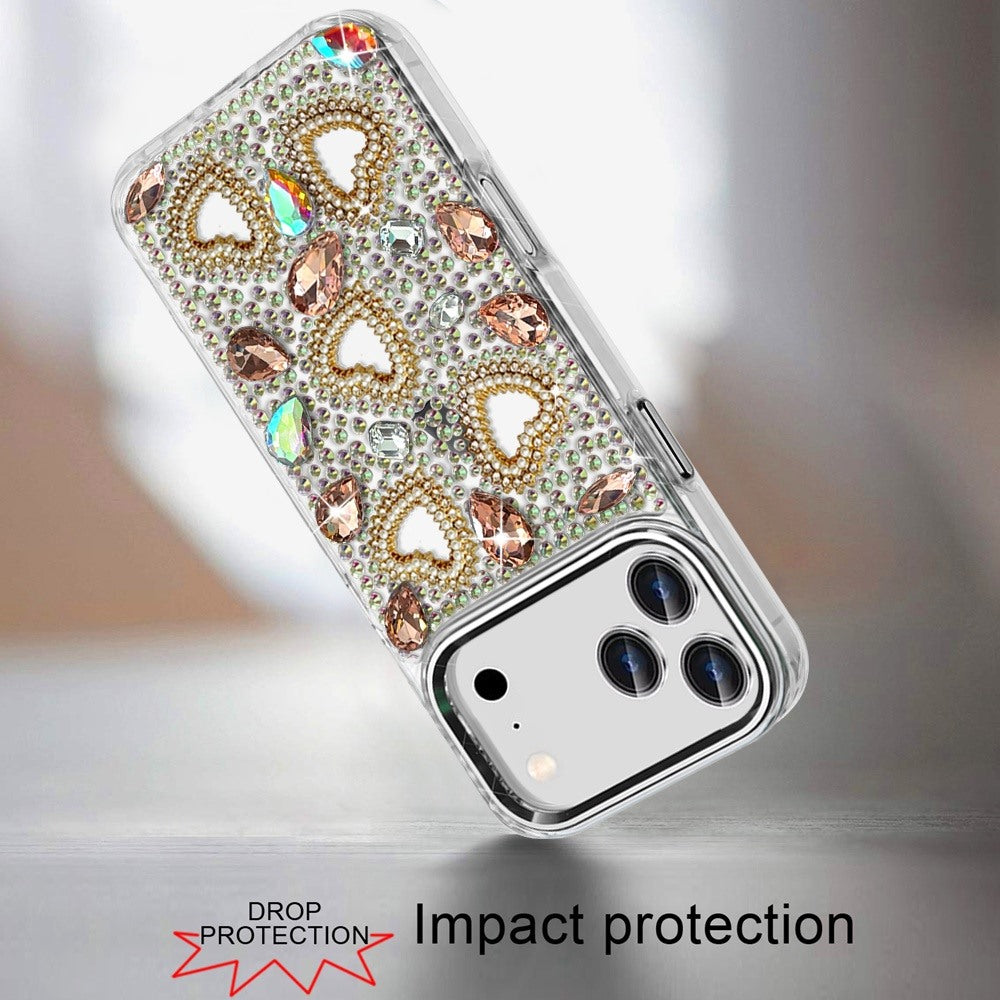 Phone Case for Apple iPhone 18 Pro Luxury Crystal Heart Rhinestone Diamond Bling Shockproof Hybrid Glitter Protective Stylish Durable Grip Cover