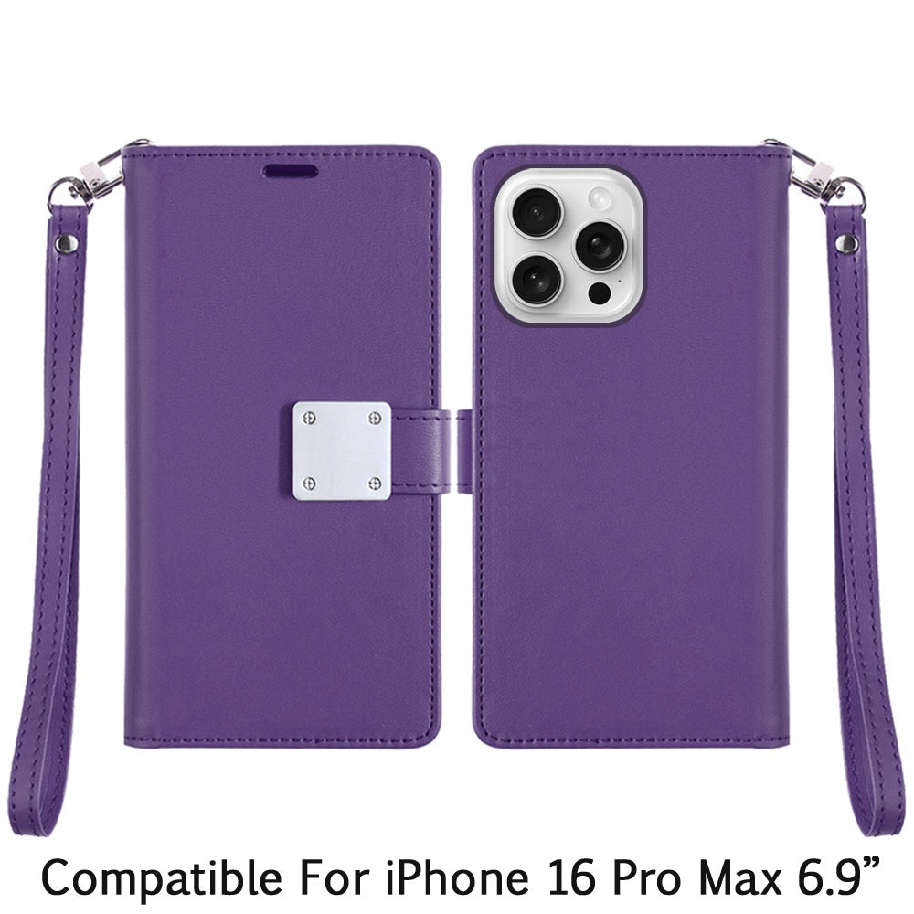 For iPhone 16 Pro Max (6.9") Wallet Cases PU Leather with Credit Card /ID /Cash Holder Slot Dual Flip Book Pouch, Stand and Strap Case Cover
