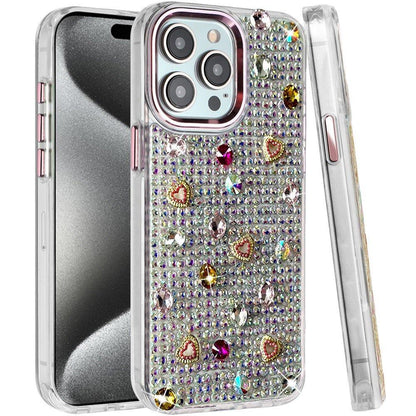 Phone Case for Apple iPhone 15 Pro Chrome Fashion Hybrid Bling Diamond Heart Rhinestone Decorative Stones Sparkling Embellished Design Cover