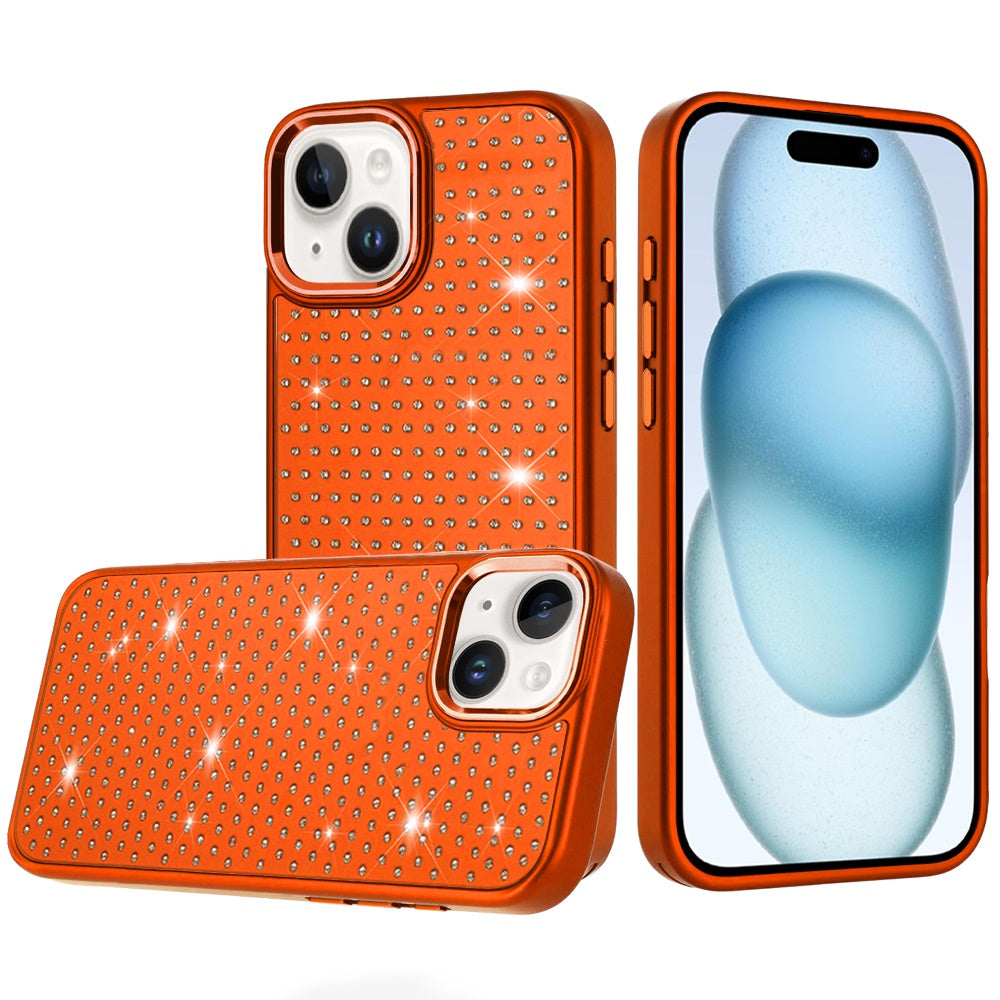 Phone Case for iPhone 15 (6.1") Luxury Diamond Bling Sparkle Chrome Metallic Edge Shockproof Durable Protective Stylish Premium Hybrid Design Cover Cosmic Orange