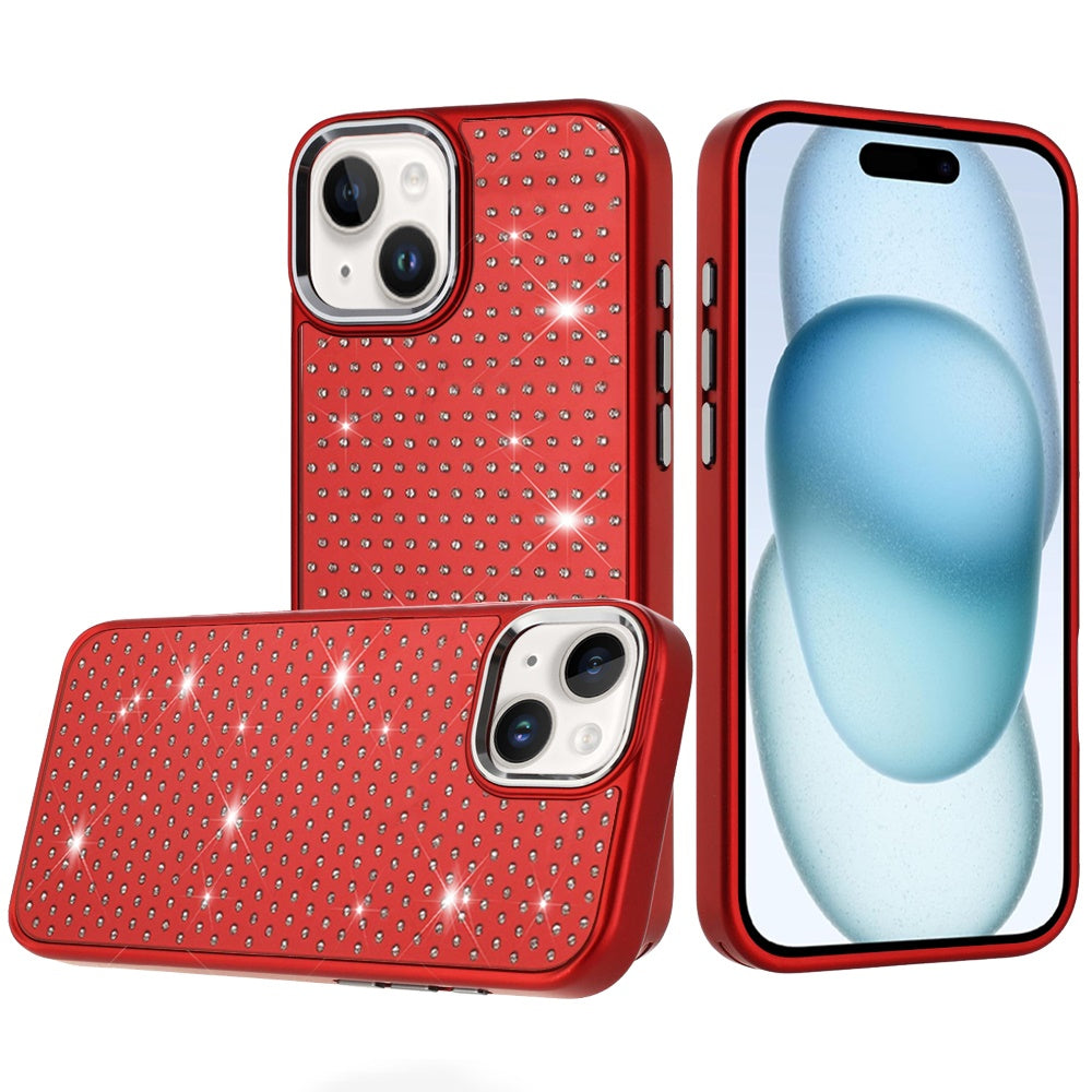 For Apple iPhone 15 Bling Diamond Metallic, Full Sparkle Chrome Edged Hybrid Protective Shockproof Case Cover