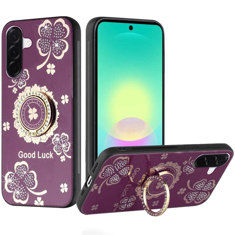 Phone Case for Samsung Galaxy A27 Diamond Glitter Butterfly Engraved Ring Stand Luxury Bling Hybrid Shockproof Chrome Edge Protective Durable Grip Cover Purple