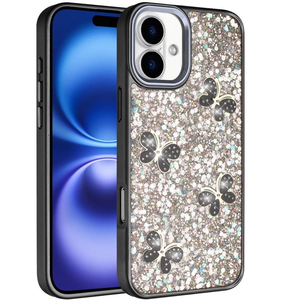 For Apple iPhone 17 (6.3") Cute Butterfly Crystal Diamond Glitter Case Sparkle Bling Frame Metallic Edges, Shimmer TPU Hybrid Case Cover