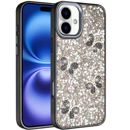 For Apple iPhone 17 (6.3") Cute Butterfly Crystal Diamond Glitter Case Sparkle Bling Frame Metallic Edges, Shimmer TPU Hybrid Case Cover