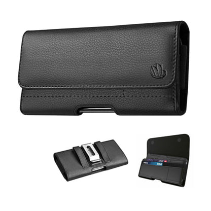 For Apple iPhone 16 (6.1") Universal Leather Horizontal Holster Pouch with Credit Card Slots Wallet & Belt Loop Clip Carrying (Fit up to 6.1" Screen) [Black]