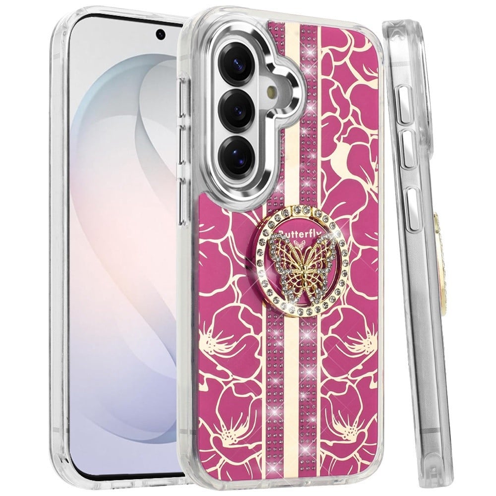 Phone Case for Samsung Galaxy S26 FE /S26 Fan Edition Floral Butterfly Ring Stand Glitter Bling Shockproof Hybrid Luxury Fashion Protective Anti Slip Durable Grip Cover