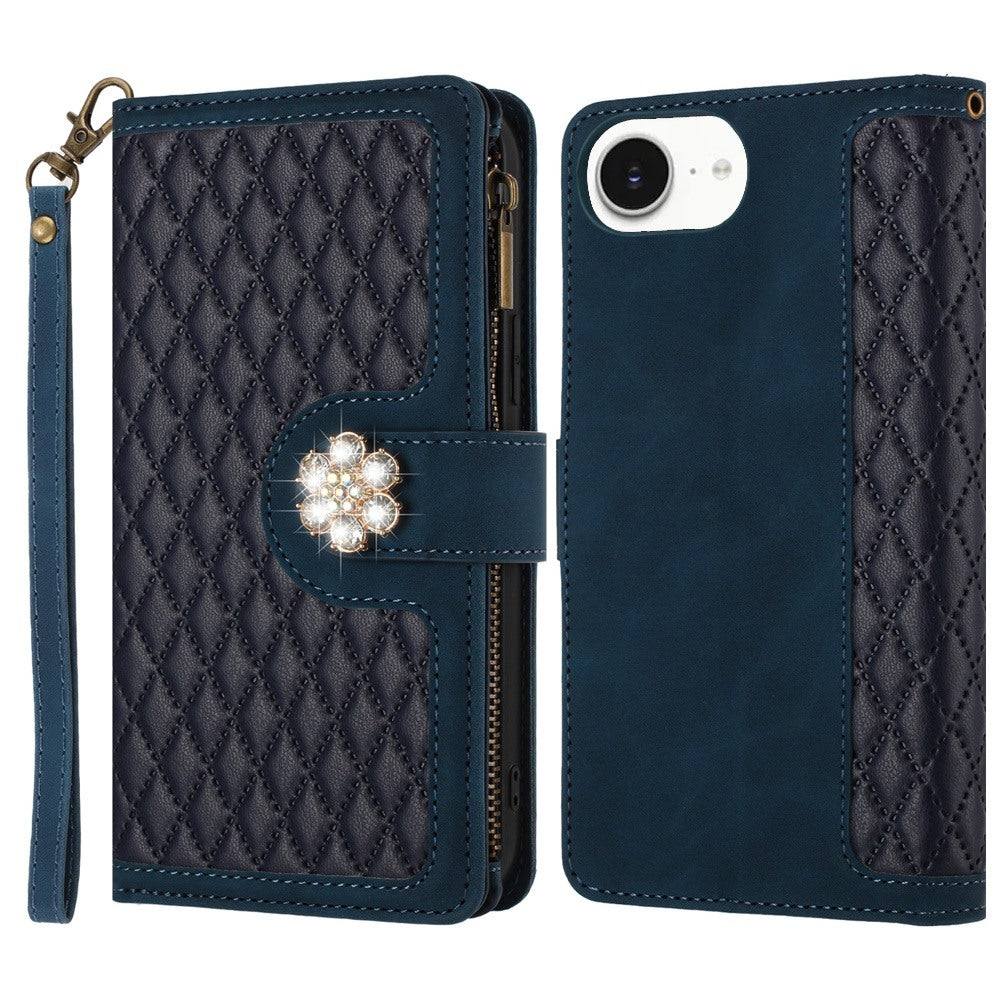 PU Leather Wallet Design Jewel Bling with Credit Card Holder Flip Folio Pouch Zipper Purse Wrist Strap