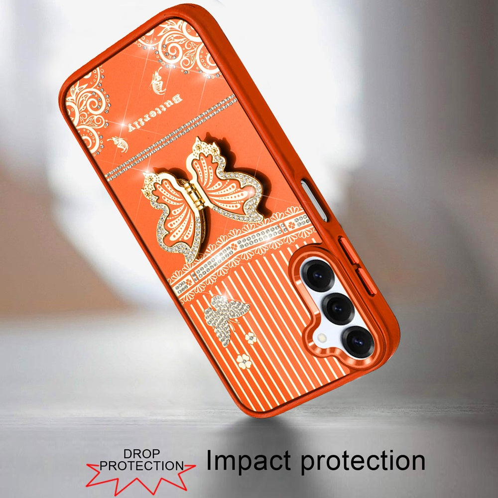 For Samsung Galaxy A16 5G Glitter 3D Butterfly Design Bling Metallic Edge Hybrid Stand Drop Protection TPU Shockproof Case Cover Red