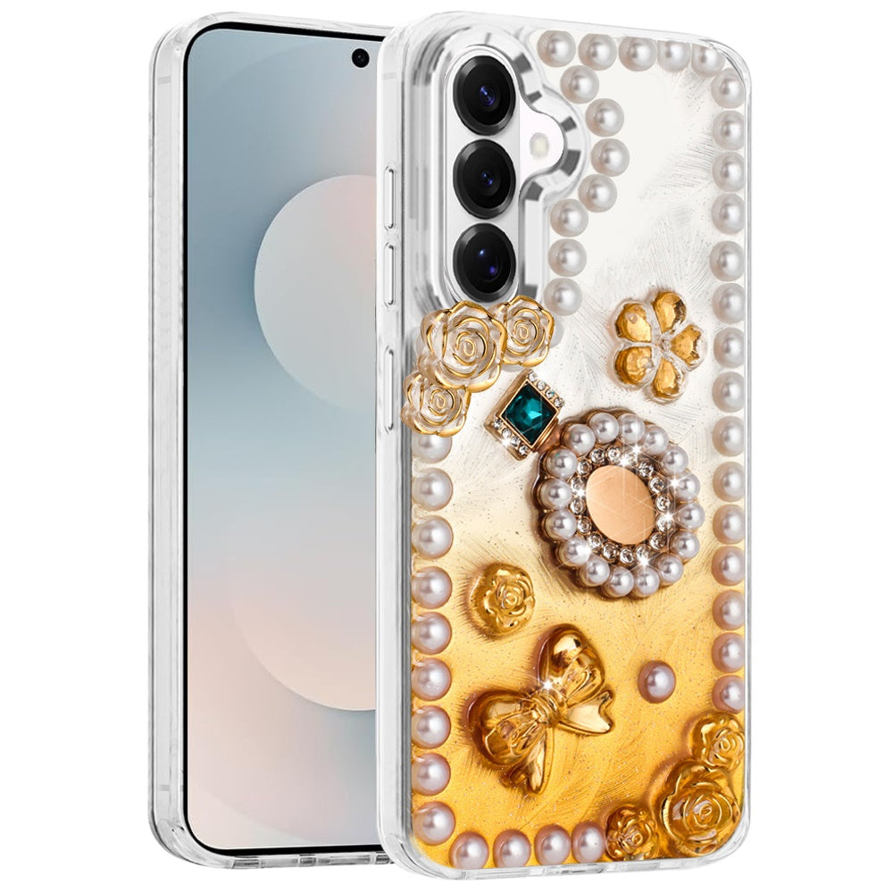 For Samsung Galaxy S26 Bling Fashion Design with 3D Pearls Epoxy Glitter Ornaments Chrome Edge Hard Slim PC Case Cover