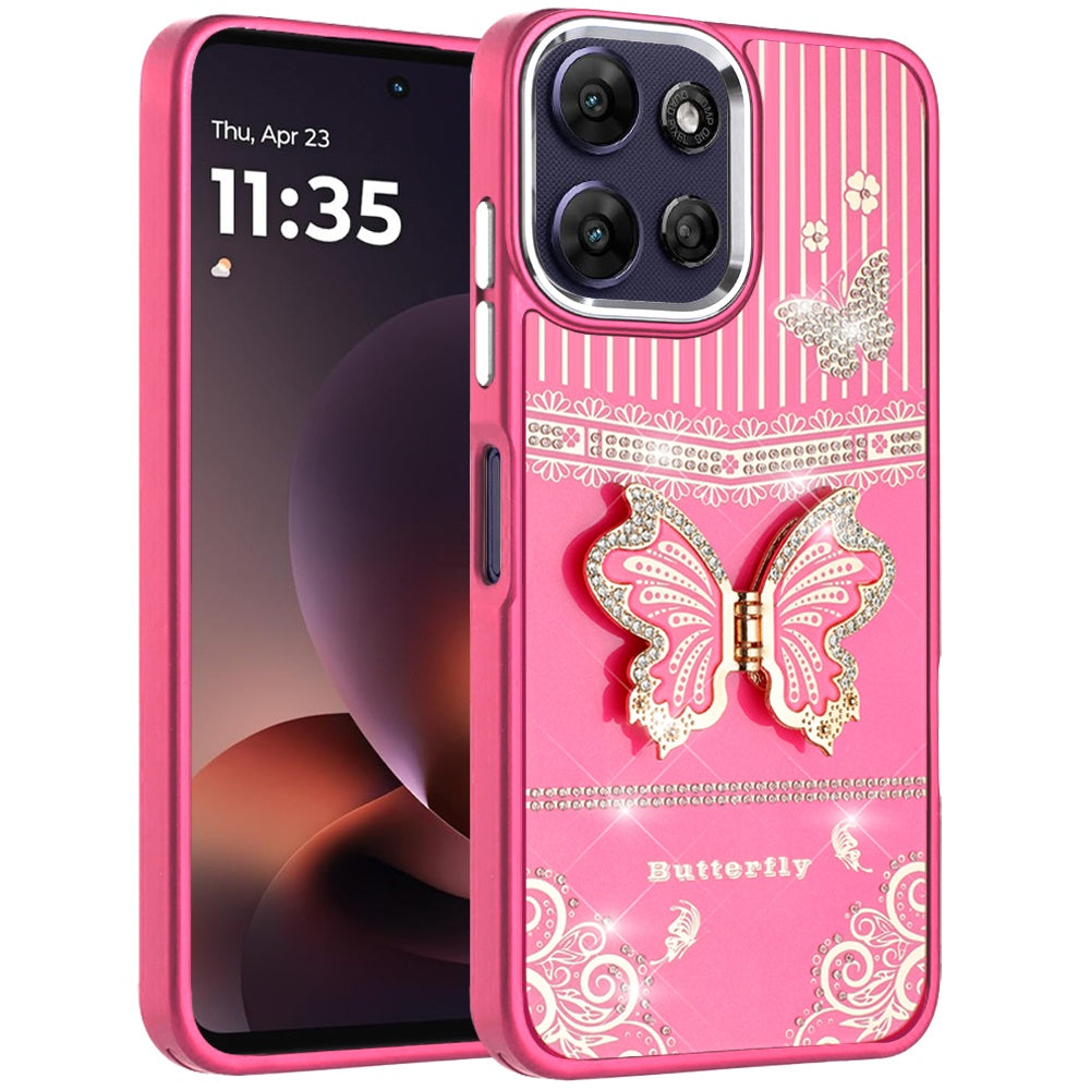 Phone Case for Motorola Moto G Power 5G 2026 /2025 Glitter Bling Butterfly Stand Metallic Edge Hybrid Shockproof Grip Durable Camera Protection Stylish Design Cover