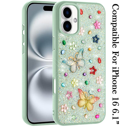 For iPhone 16 (6.1") Diamond Butterfly 3D Glitter Bling Design, Slim Hybrid Sparkle Protective Cover TPU for Women Girls Case Cover Teal